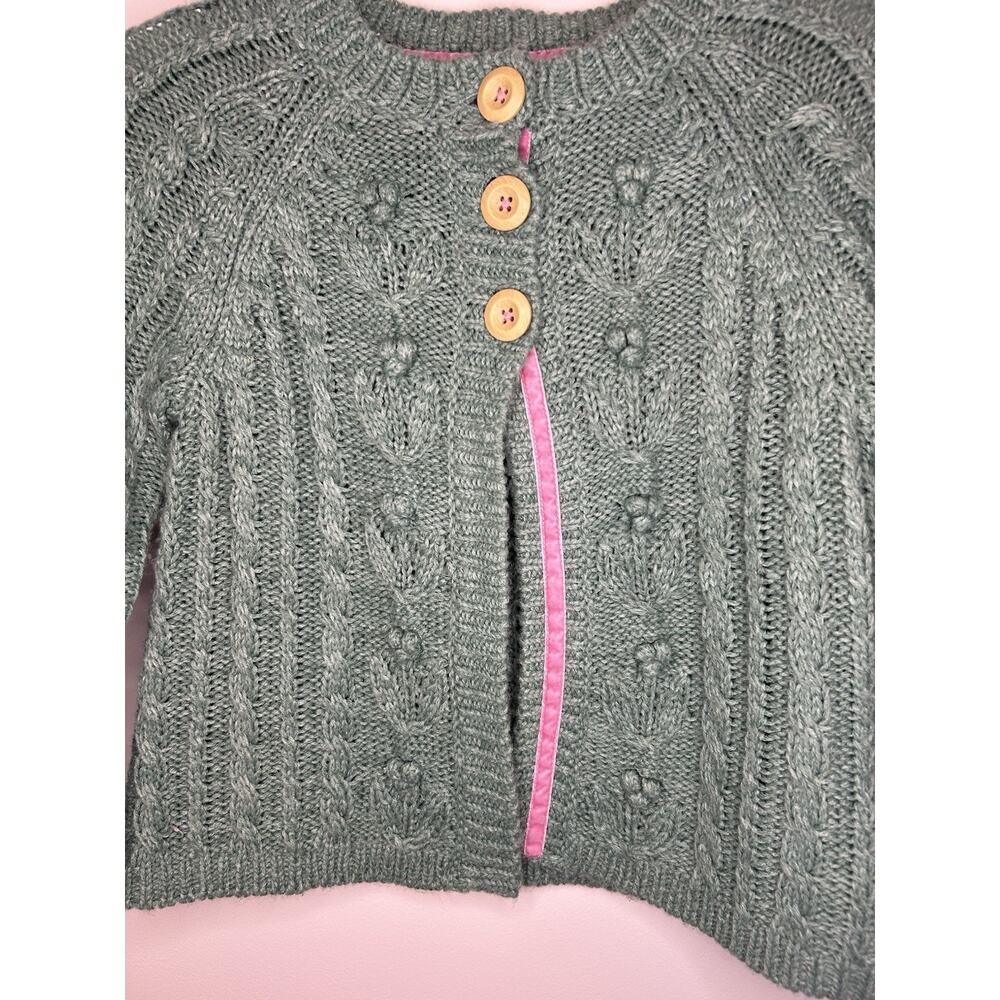 MINI BODEN Green Cardigan Sweater Chunky Cable Knit Button Flowers Girls 6-7 - Picture 2 of 5